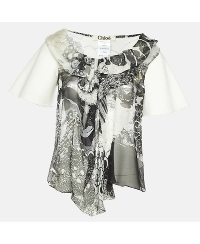 Chloe Women's Short-Sleeve Monochrome-Print Chiffon and Canvas Paneled Blouse