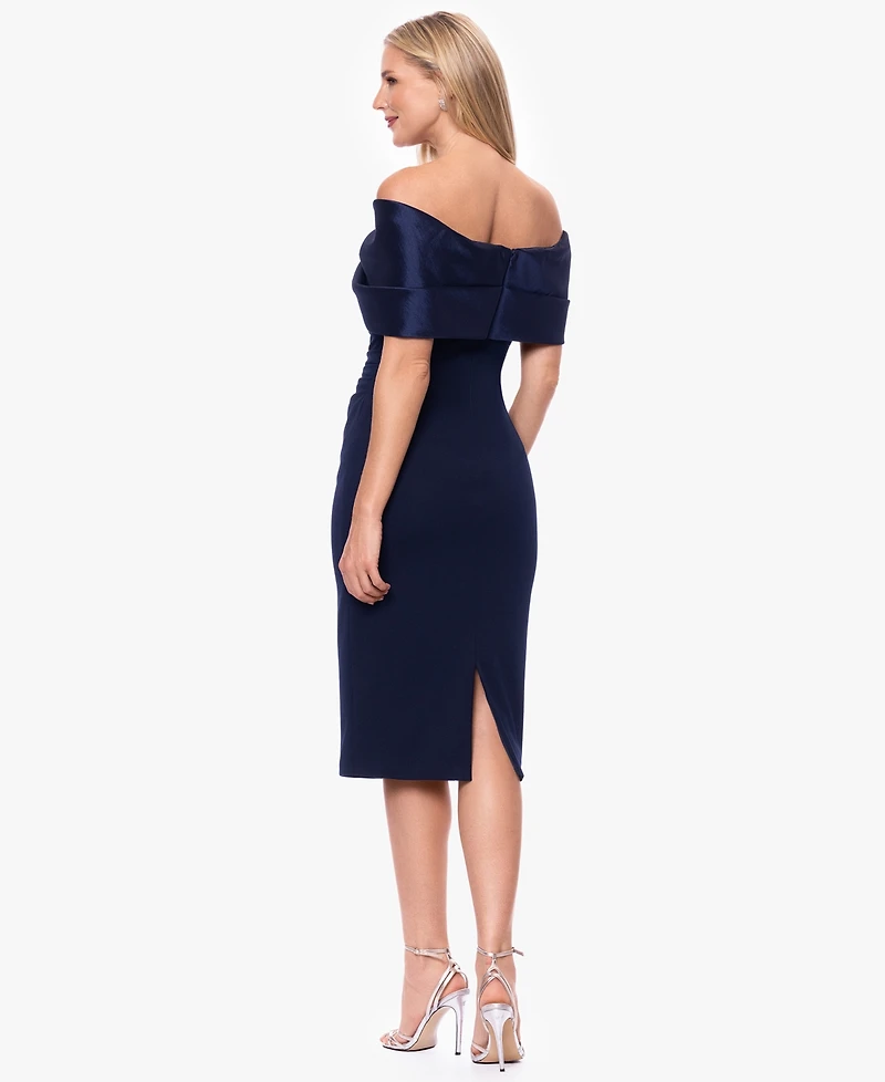 Betsy & Adam Plus Size Off-the-Shoulder Midi Sheath Satin Dress
