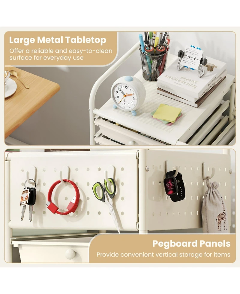Sugift 14-Drawer Rolling Storage Cart with Metal Tabletop and Pegboard