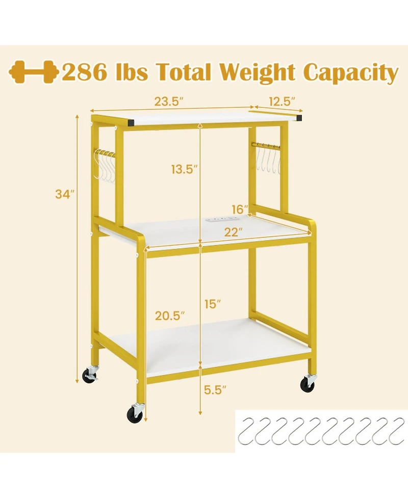 Hongge 3-Tier Rolling Microwave Cart with Charging Station and 10 Storage Hooks