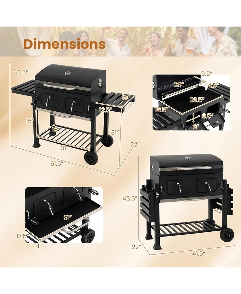 Hongge 752 Square Inches Charcoal Grill with Lifting Charcoal Trays Folding Side Tables and Wheels