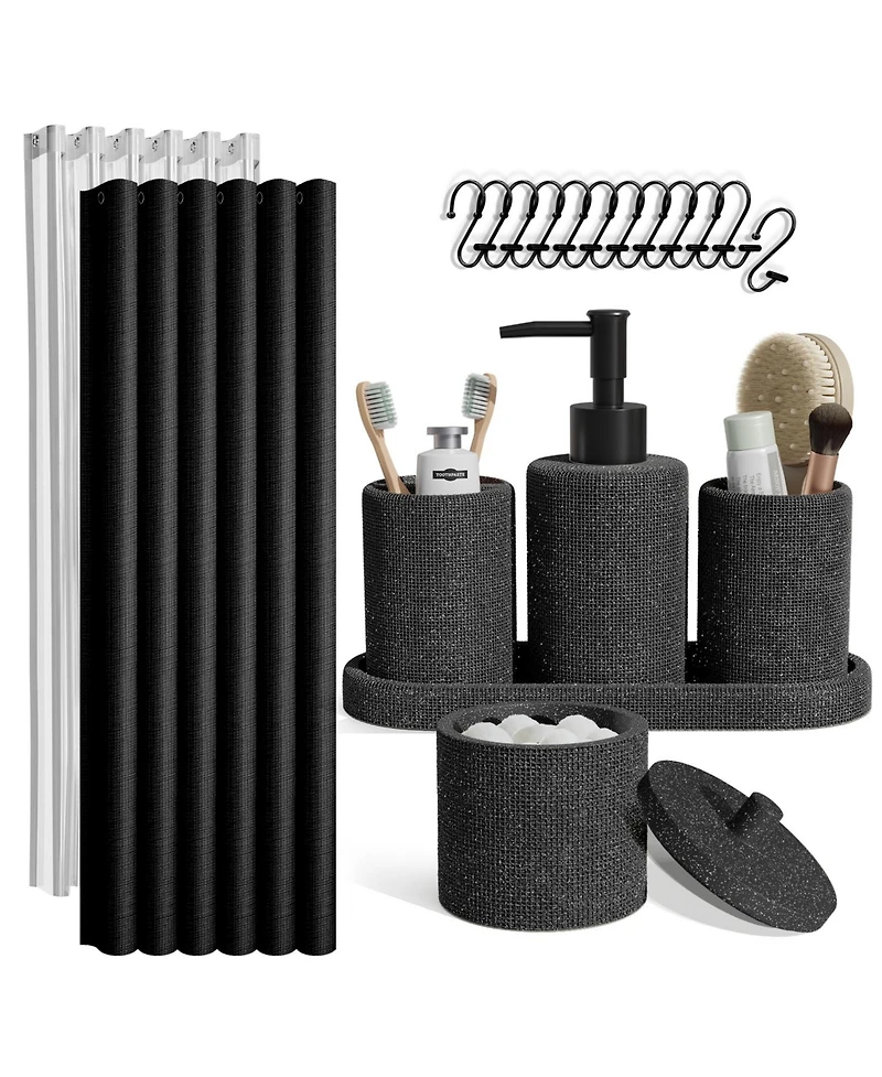 Clara Clark Complete Burlap Texture Polyresin Bathroom Decor and Accessory Set with Shower Curtain