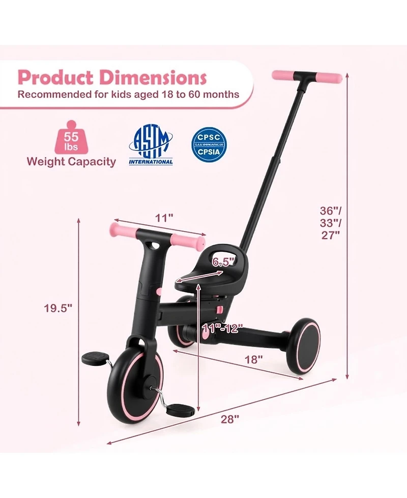 Hongge 4-in-1 Foldable Toddler Trike with Parent Push Handle, 55 lbs Capacity, Ages 18 Months–5 Years