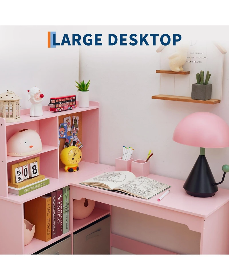 homfan L Shape Kids Desk and Chair Set with Bulletin Board, Open Shelves, Storage Cabinets, and Cloth Drawers, for Study and Play