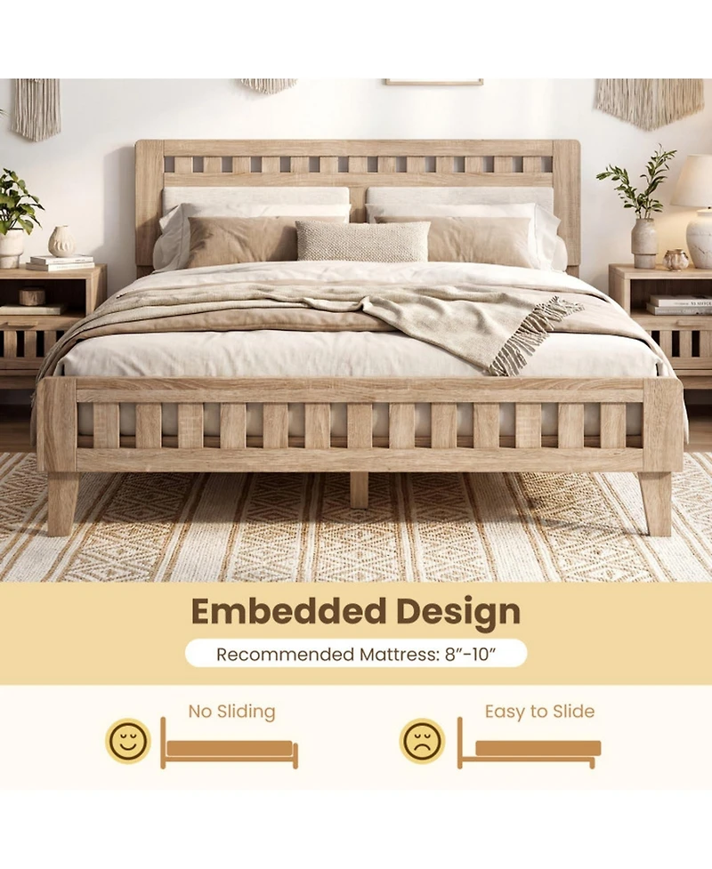 Sugift Queen Wood Bed Frame with Upholstered Headboard and 12 Plywood Slats