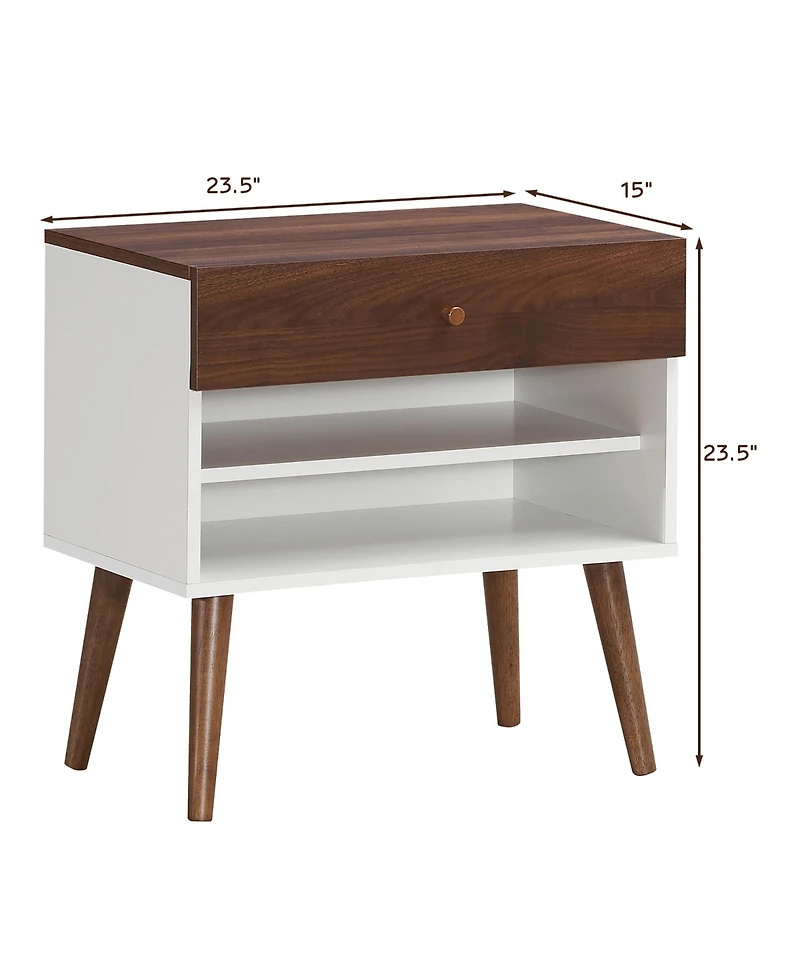Costway Nightstand End Side Table Drawer Storage Shelf Mid-Century Rubber Wood Leg