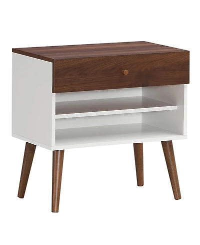Costway Nightstand End Side Table Drawer Storage Shelf Mid-Century Rubber Wood Leg
