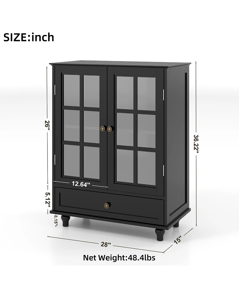 Clihome Minimalist Buffet Cabinet with Double Glass Doors and Drawer, Modern Wooden Storage Sideboard Cupboard