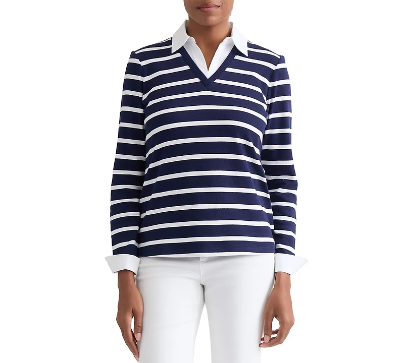 Jones New York Petite Long-Sleeve Striped V-Neck T-Shirt