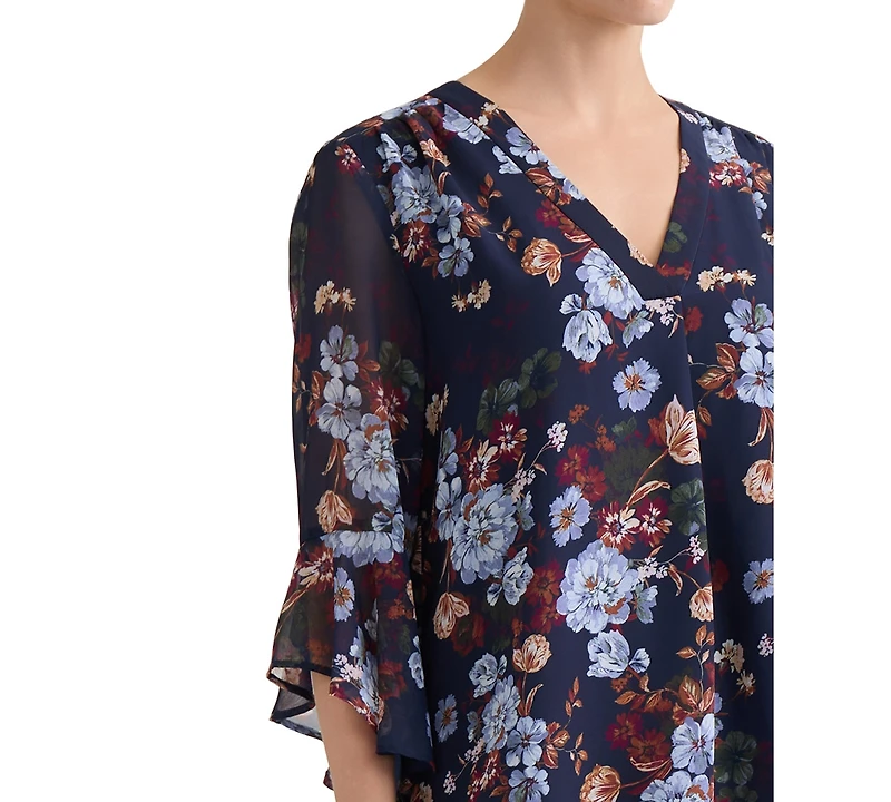 Jones New York Petite Floral-Print V-Neck 3/4-Length Flutter-Sleeve Blouse