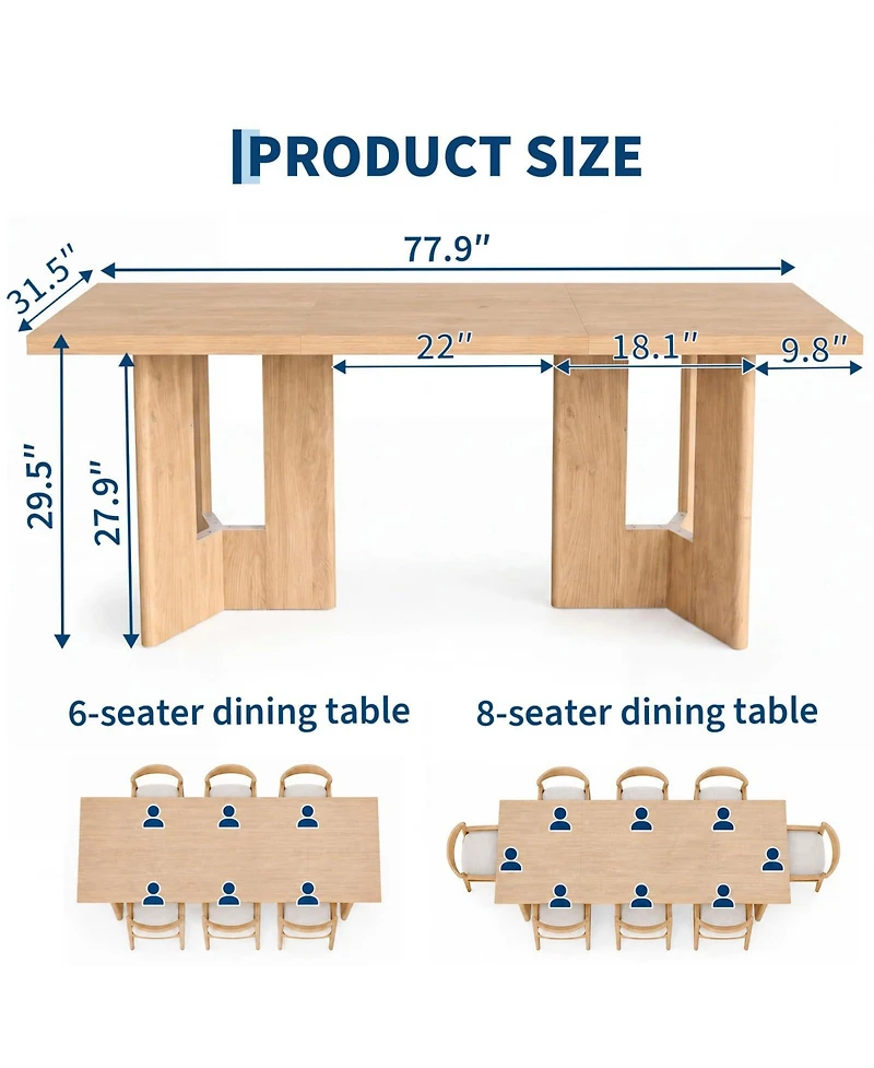 homfan 78'' Large Rectangular Dining Table for 6-8 People, Double Pedestal Base Kitchen Table Easy-Clean Table Top for Multi-Purpose Indoor Use