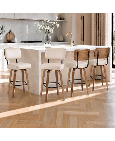homfan Set of 4 26" Beige Faux Leather Swivel Counter Stools with Back and Bentwood Legs