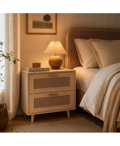 homfan Rattan Nightstand with Charging Station