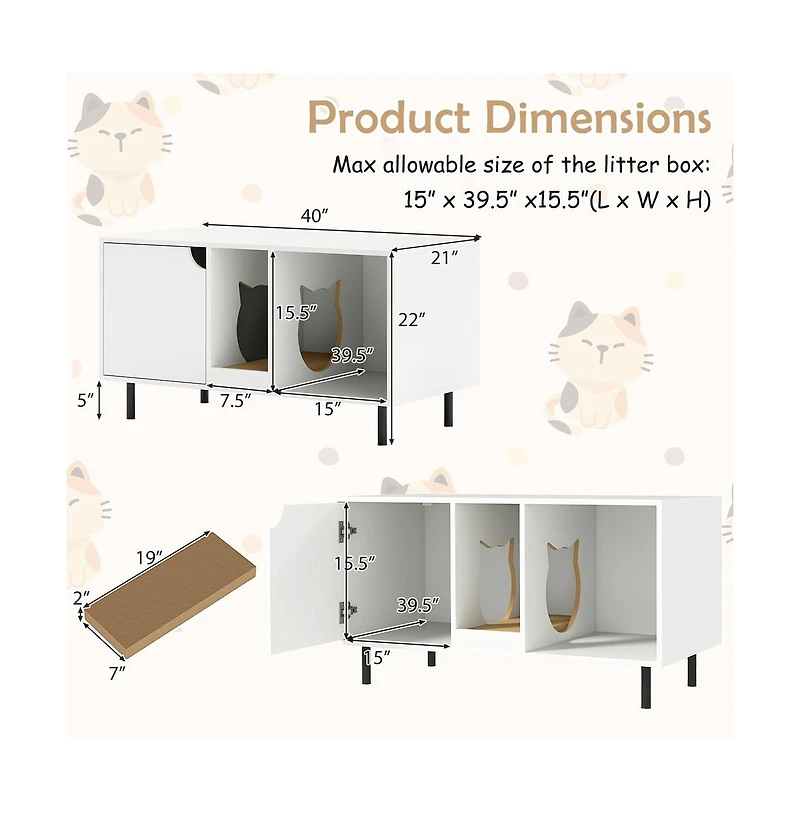Ruie 40 in Double Cat Litter Box Enclosure Hidden Cat Washroom Bench for 2 Cats