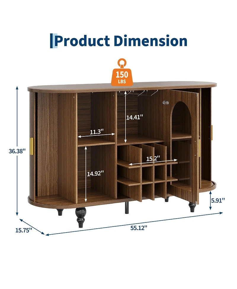 gaomon 55" Mid-Century Bar Cabinet with Sliding Door, Detachable Wine Rack and Glass Holder