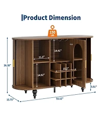 gaomon 55" Mid-Century Bar Cabinet with Sliding Door, Detachable Wine Rack and Glass Holder