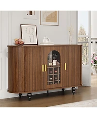 gaomon 55" Mid-Century Bar Cabinet with Sliding Door, Detachable Wine Rack and Glass Holder