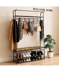 Gaomon Entryway Hall Tree - Industrial Coat Rack and Storage Bench, 8 Hooks, 2-Tier Shoe Shelf, Quick 20-Min Assembly