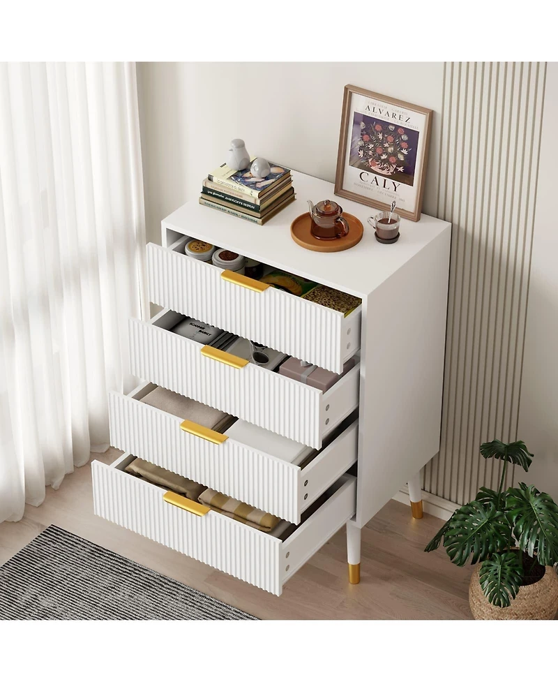 homfan Modern Fluted Storage Nightstands, 4-Drawer Compact Bedroom Side Tables with Metallic Pull Handles, Multi-Purpose Accent Furniture for Indoor