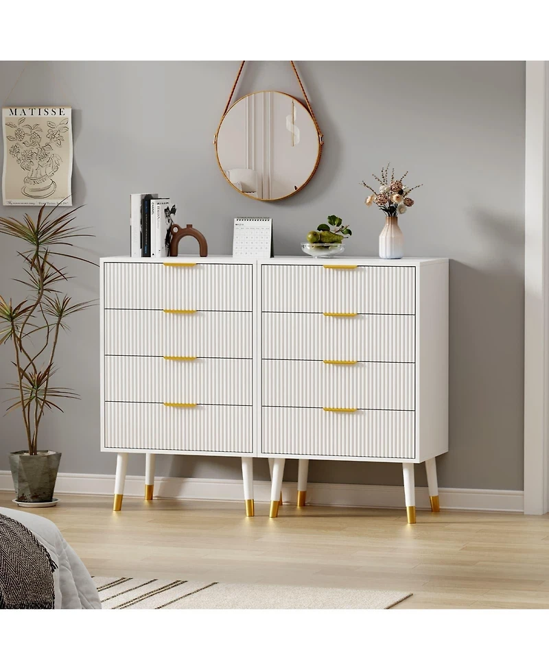 homfan Modern Fluted Storage Nightstands, 4-Drawer Compact Bedroom Side Tables with Metallic Pull Handles, Multi-Purpose Accent Furniture for Indoor