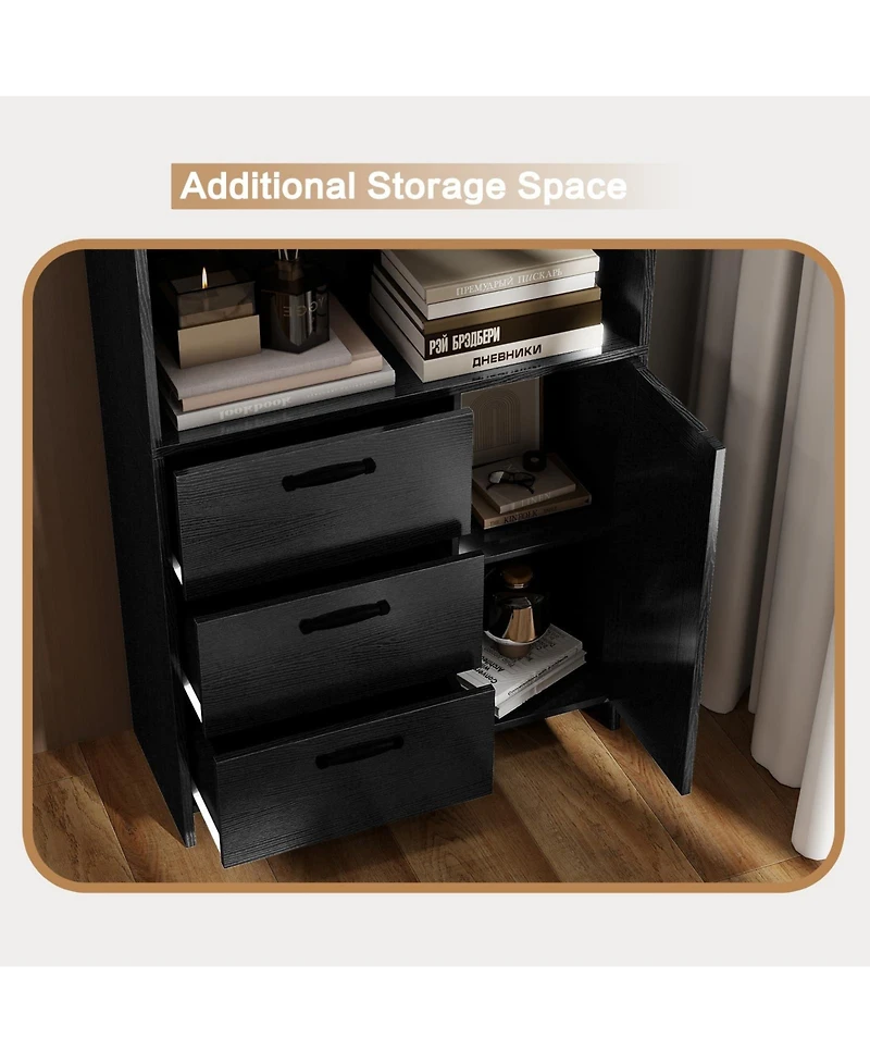 homfan 71" Tall Black Bookcase with Doors and 3 Drawers, 3-Tier Open Shelves