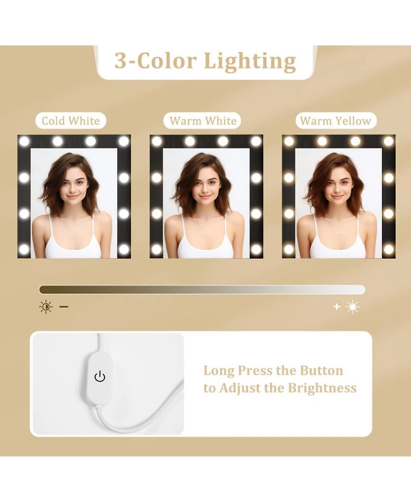 Sugift Vanity Desk with 3-Color Lighted Mirror Power Outlets and 4 Drawers