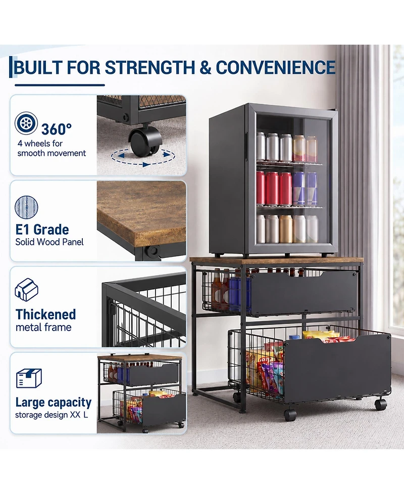 homfan 2-Tier Mobile Storage Cabinet with Metal Drawers and Wheels, 300 lbs Top