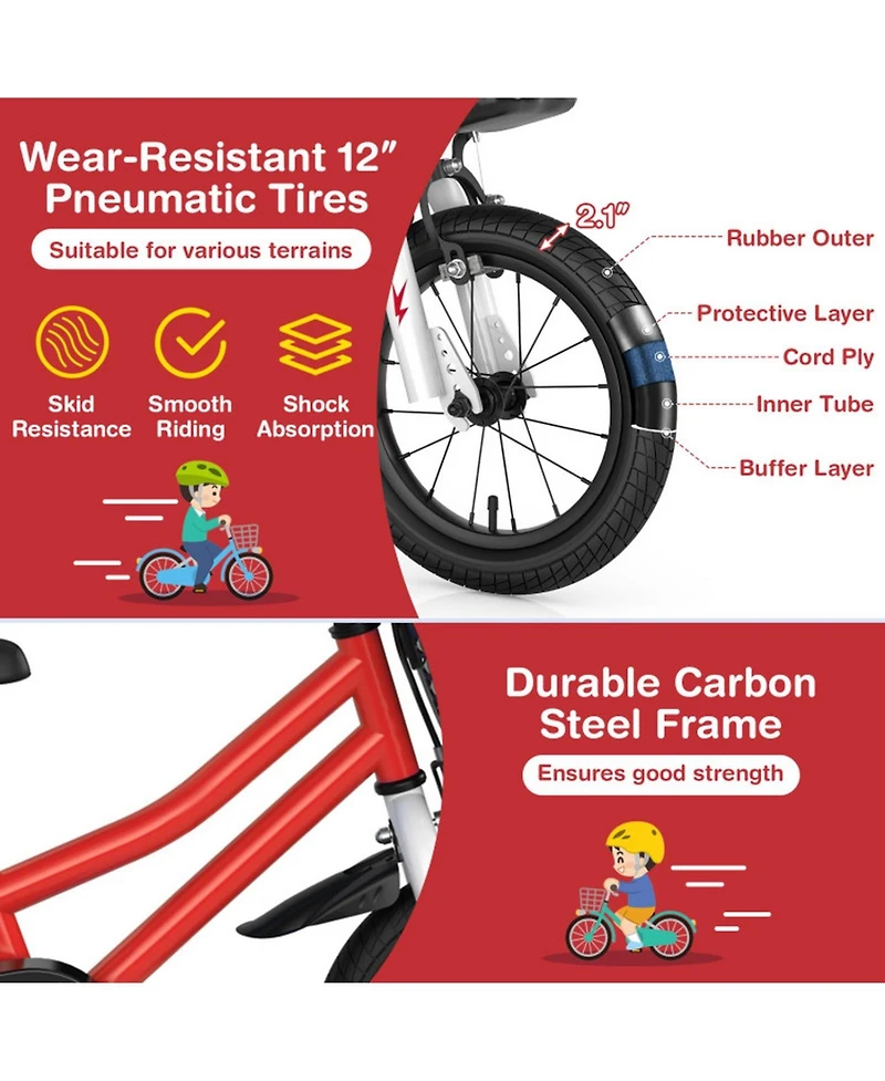 Hongge 12-Inch Kids Bike with Training Wheels, Adjustable Seat and Handlebar, Dual Brake System, 100 lbs Capacity, Ages 3–4