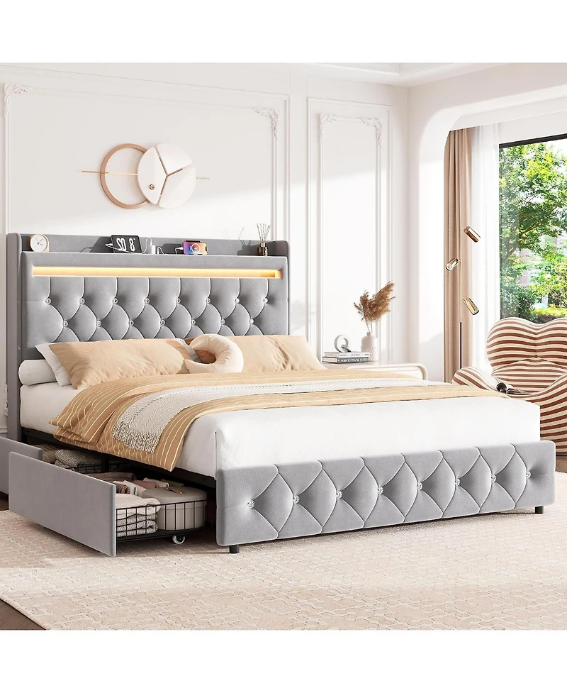gaomon Queen Size Velvet Led Platform Bed with Storage Headboard