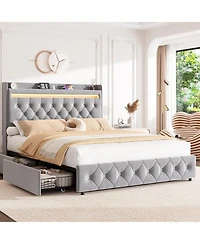 gaomon Queen Size Velvet Led Platform Bed with Storage Headboard