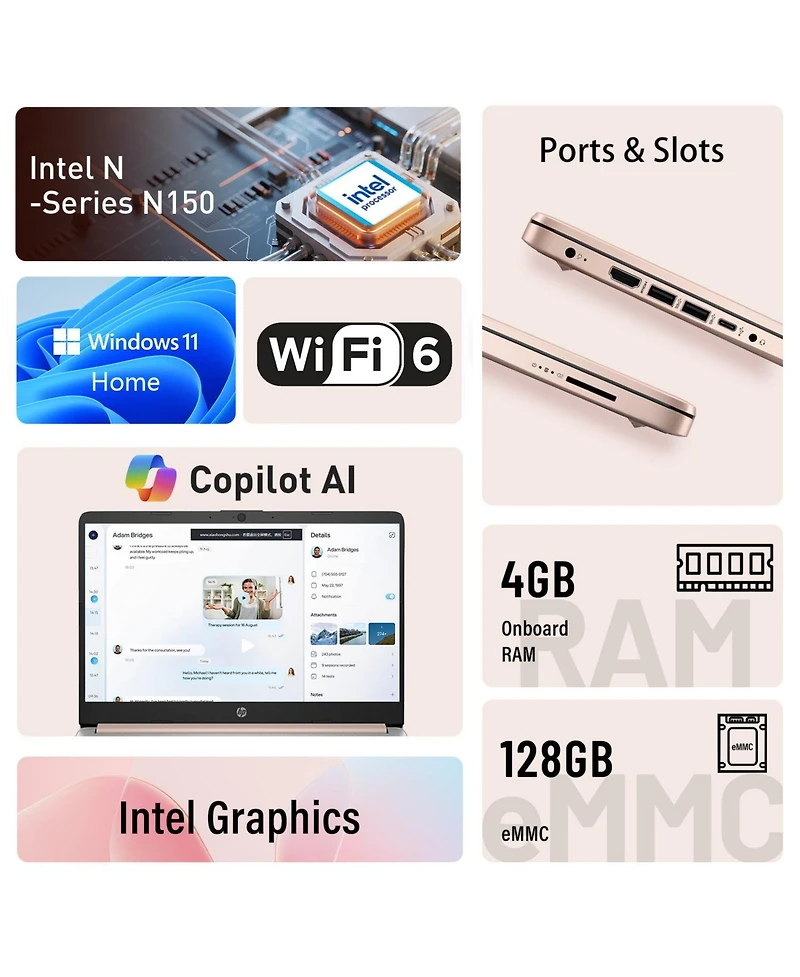 Hp Essential 14" Hd Laptop, Intel N-Series N150, Intel Graphics, 4GB Ram, 128GB eMMC, Wi-Fi 6, Windows 11 Home, Rose
