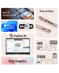 Hp Essential 14" Hd Laptop, Intel N-Series N150, Intel Graphics, 4GB Ram, 128GB eMMC, Wi-Fi 6, Windows 11 Home, Rose