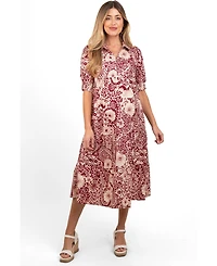Pinkblush Women's Burgundy Floral Collared Tiered Midi Dress