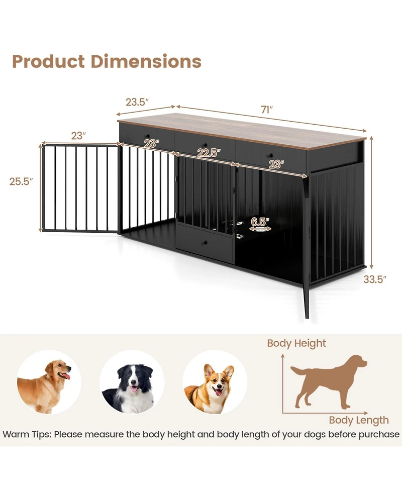 Ruie Modern Dog Kennel Furniture 71 in 2 Room Pet Cabinet with Pull Out Feeder
