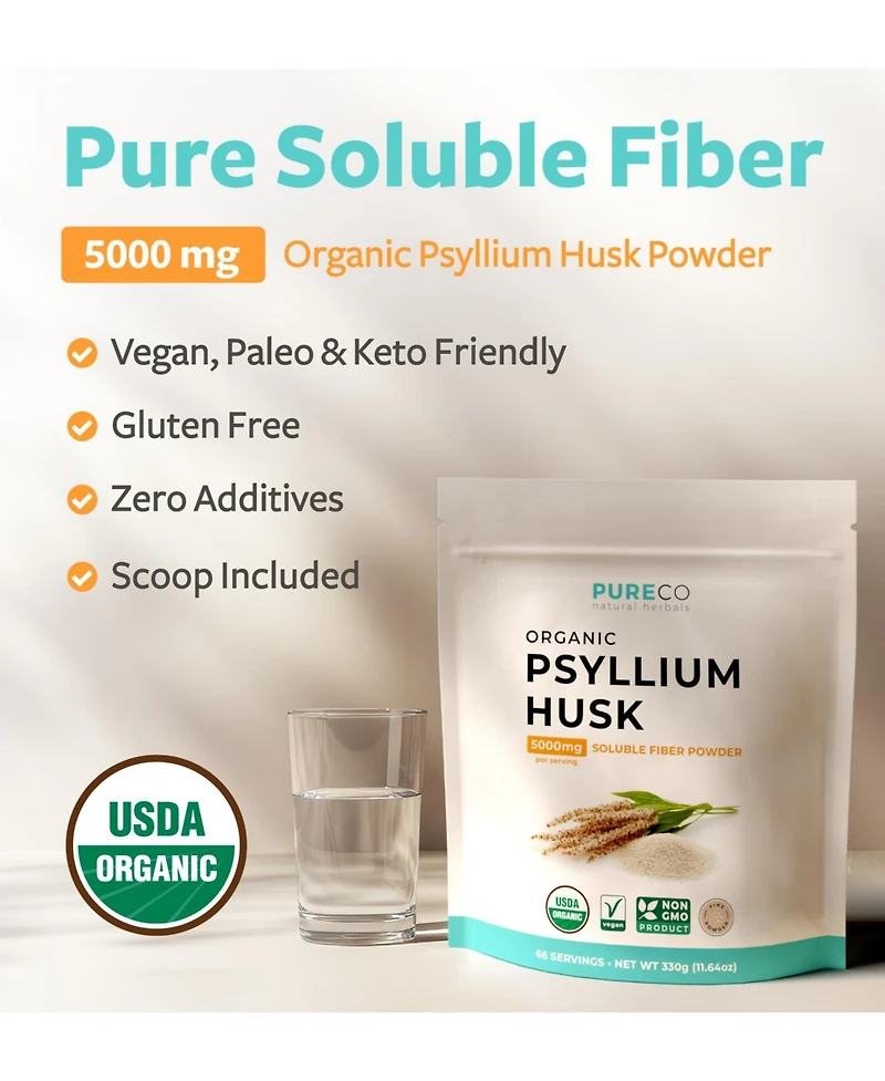 Pure Co Usda Organic Psyllium Husk Powder Dietary Fiber Supplement, Finely Milled, Non-gmo, Gluten-Free, 11.64 Ounces