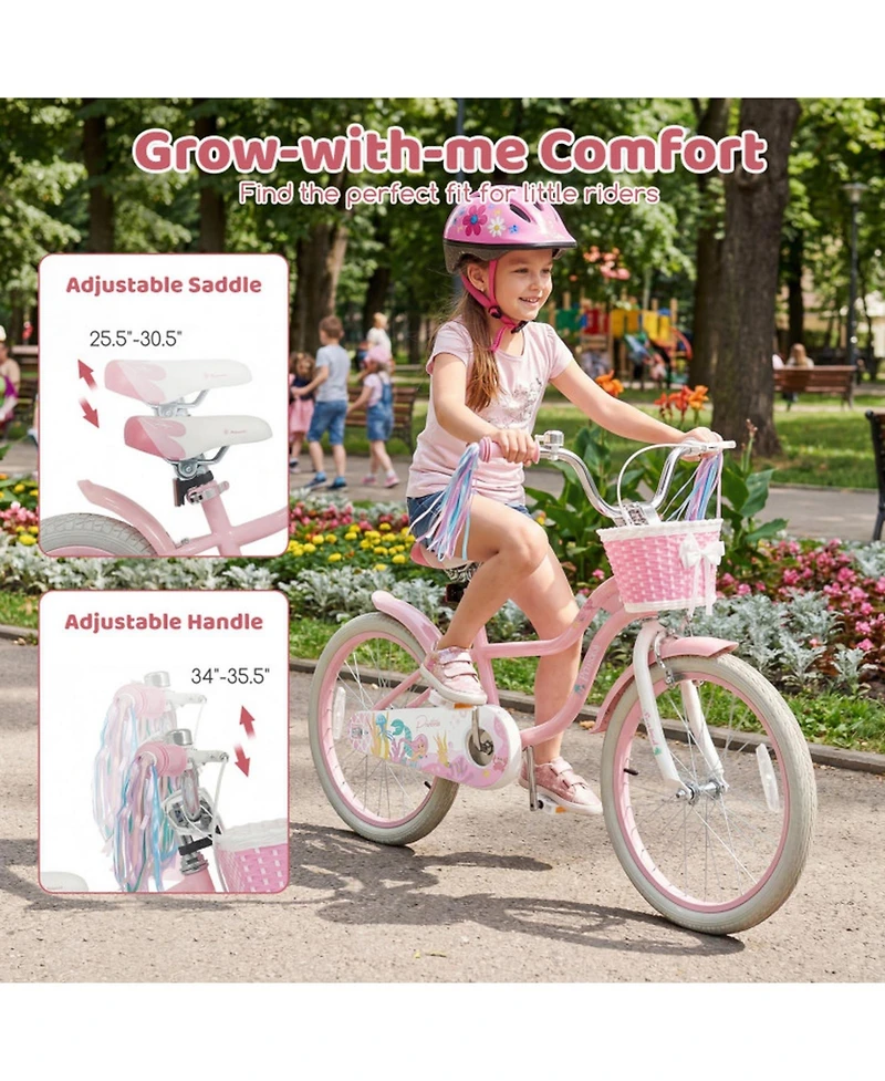 Hongge 20-Inch Mermaid Girls Bike with Dual Brakes and Front Basket, Ages 8+