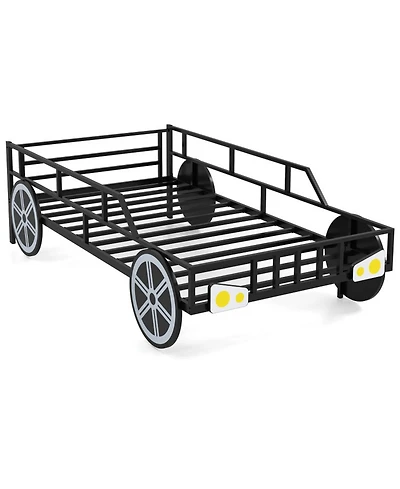 Sugift Kids Car-Shaped Metal Bed Frame with Safety Guardrails