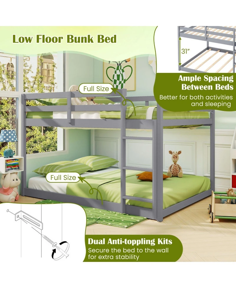 Sugift Full over Full Low-to-Ground Bunk Bed with Guardrails and Ladder
