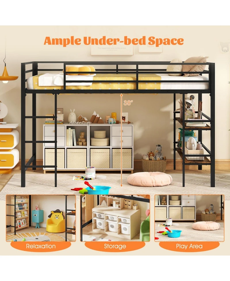 Sugift Low Loft Bed with Ladder and Storage Shelves Metal Frame