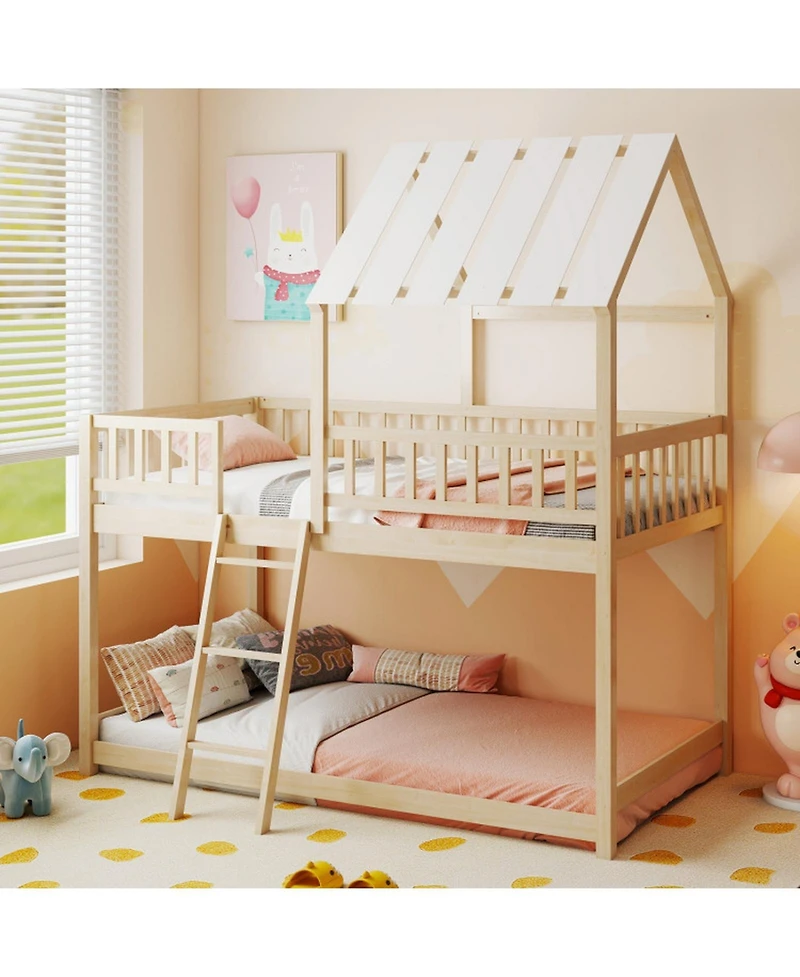 Sugift Twin House Bunk Bed with Roof and Full-Length Guardrails