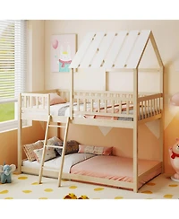 Sugift Twin House Bunk Bed with Roof and Full-Length Guardrails