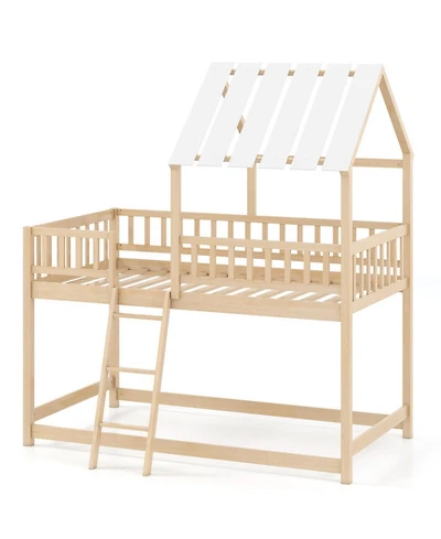 Sugift Twin House Bunk Bed with Roof and Full-Length Guardrails
