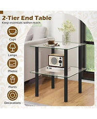 Sugift 2-Tier Square End Table with Tempered Glass Top and Rubber Wood Legs