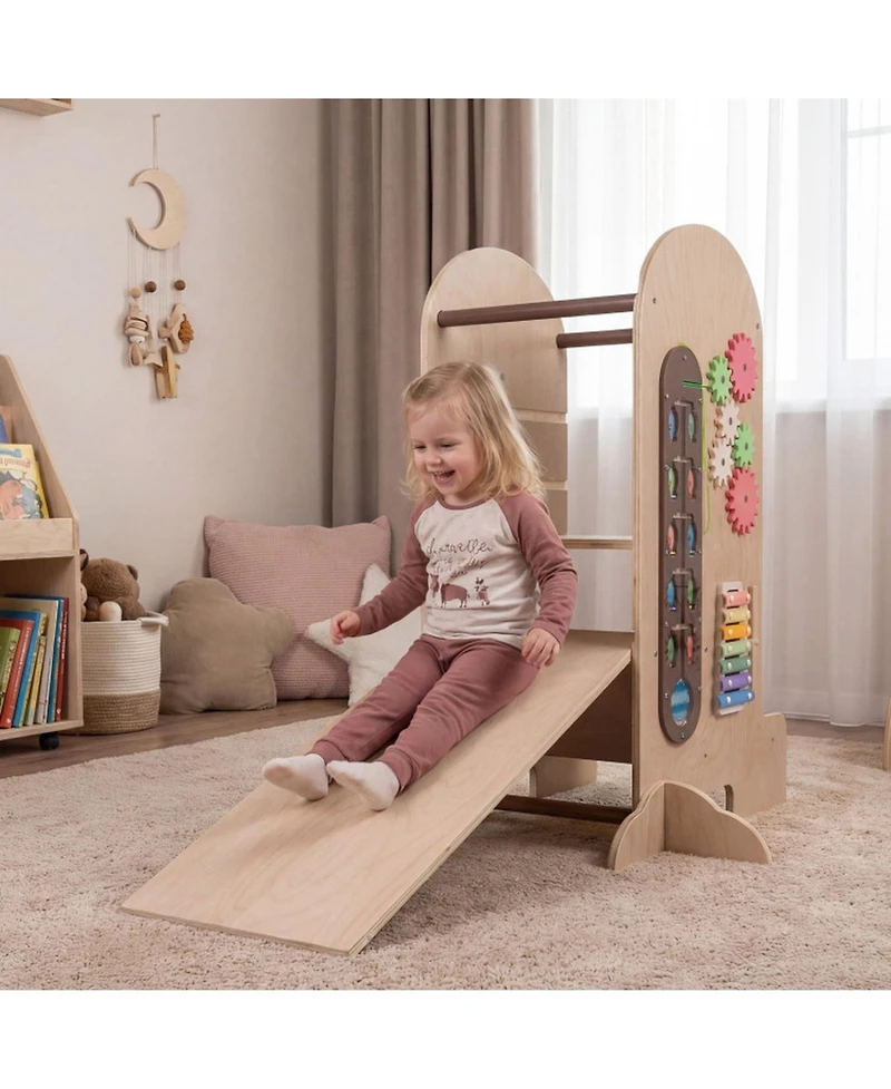 Sugift Kids 4-in-1 Adjustable Standing Tower with Chalkboard Slide and Montessori Games