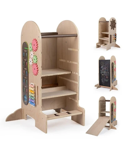 Sugift Kids 4-in-1 Adjustable Standing Tower with Chalkboard Slide and Montessori Games