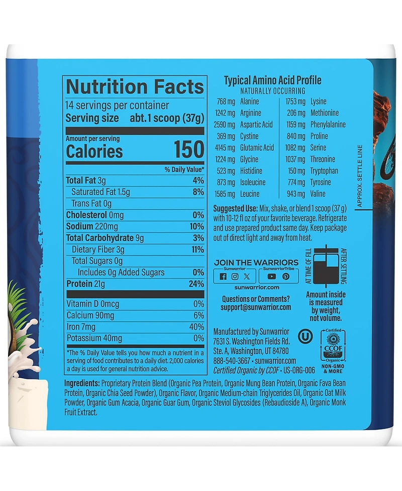 Sunwarrior Warrior Blend Protein Powder with Naturally Occurring Amino Acids and BCAAs, Coconut Cream Flavor, 14 Servings