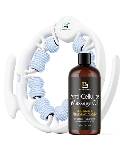 M3 Naturals Anti-Cellulite Oil and Lymphatic Drainage Massage Roller Kit, Fascia Blaster for Body Contouring, 8 fl Ounce