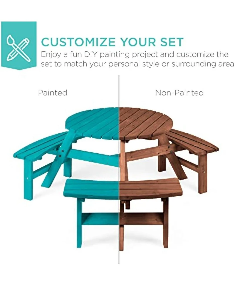 Gaomon 6-Person Round Natural Wood Outdoor Picnic Table with Attached Benches and Umbrella Hole for Patio Garden, Umbrella Not Included