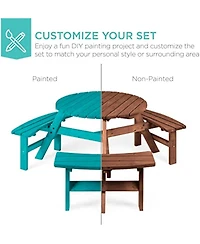 Gaomon 6-Person Round Natural Wood Outdoor Picnic Table with Attached Benches and Umbrella Hole for Patio Garden, Umbrella Not Included
