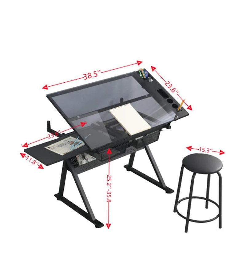 homfan Height Adjustable Drafting Table with Stool, Tilting Glass Top Art Desk with 2 Drawers
